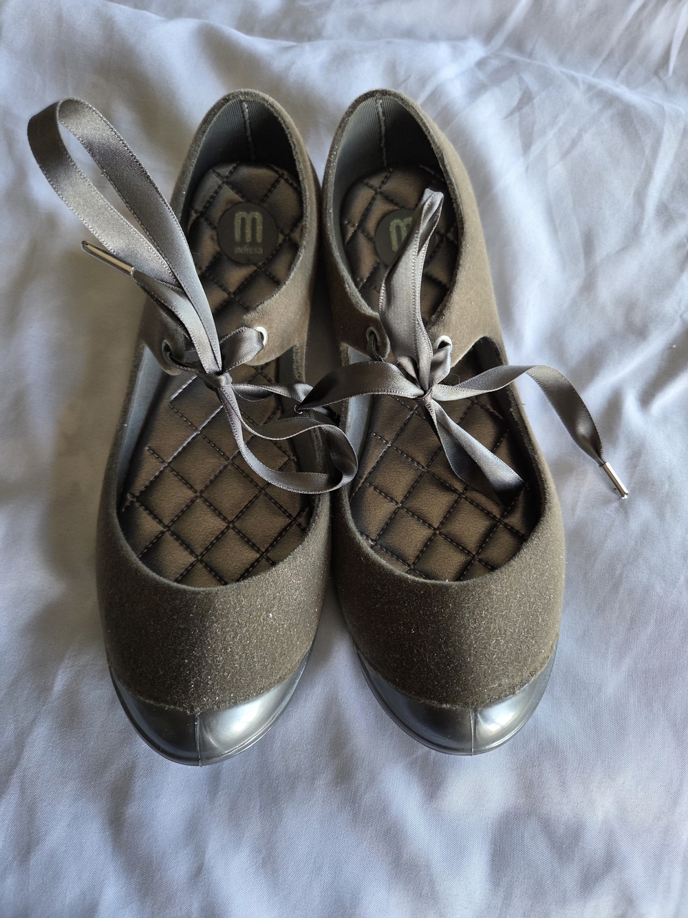 Melissa | Olive Gray Ballet Flats with Satin Ribbon Ties